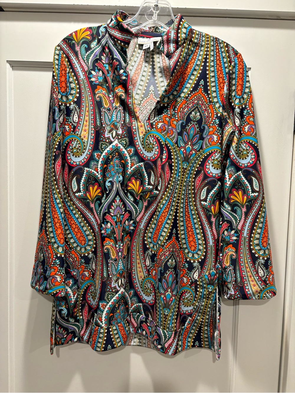 Jude Connally Megan Top  Painted Paisley Tunic Navy Orange Turquoise Womens XS